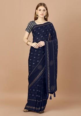 Navy Blue Embroidered Blended Saree Set
