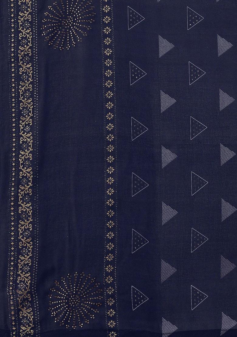 Navy Blue Embroidered Blended Saree Set - Indya