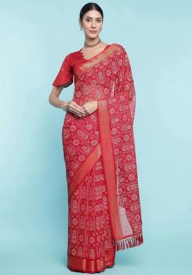 Red Printed Blended Saree Set