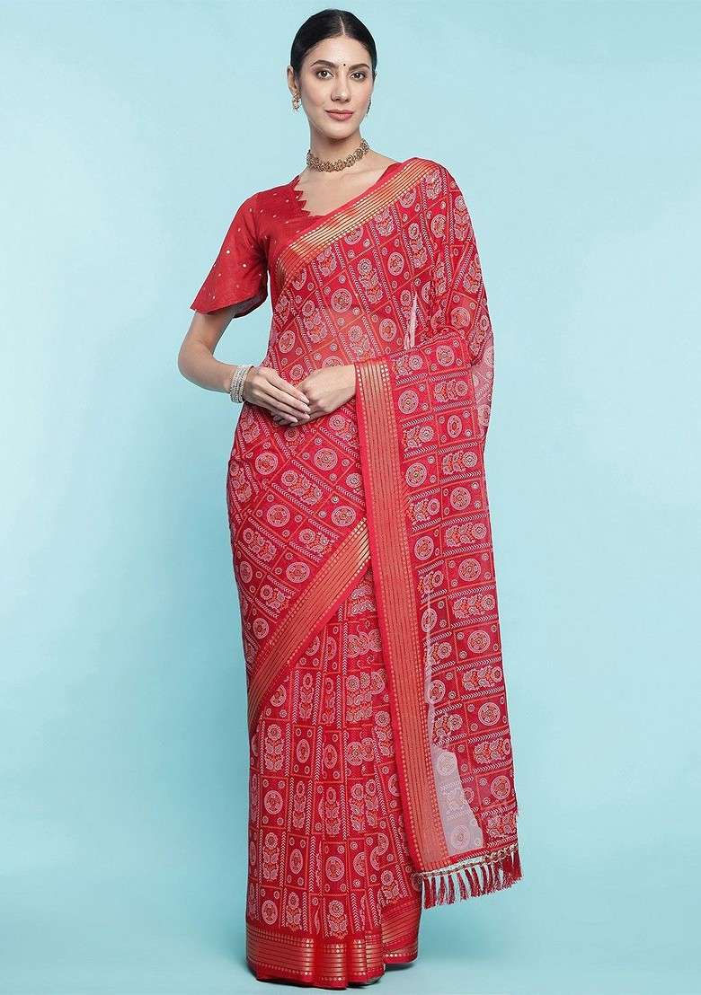 Red Blended Saree Set with Printed for Diwali | Wedding & Festive Wear - Indya