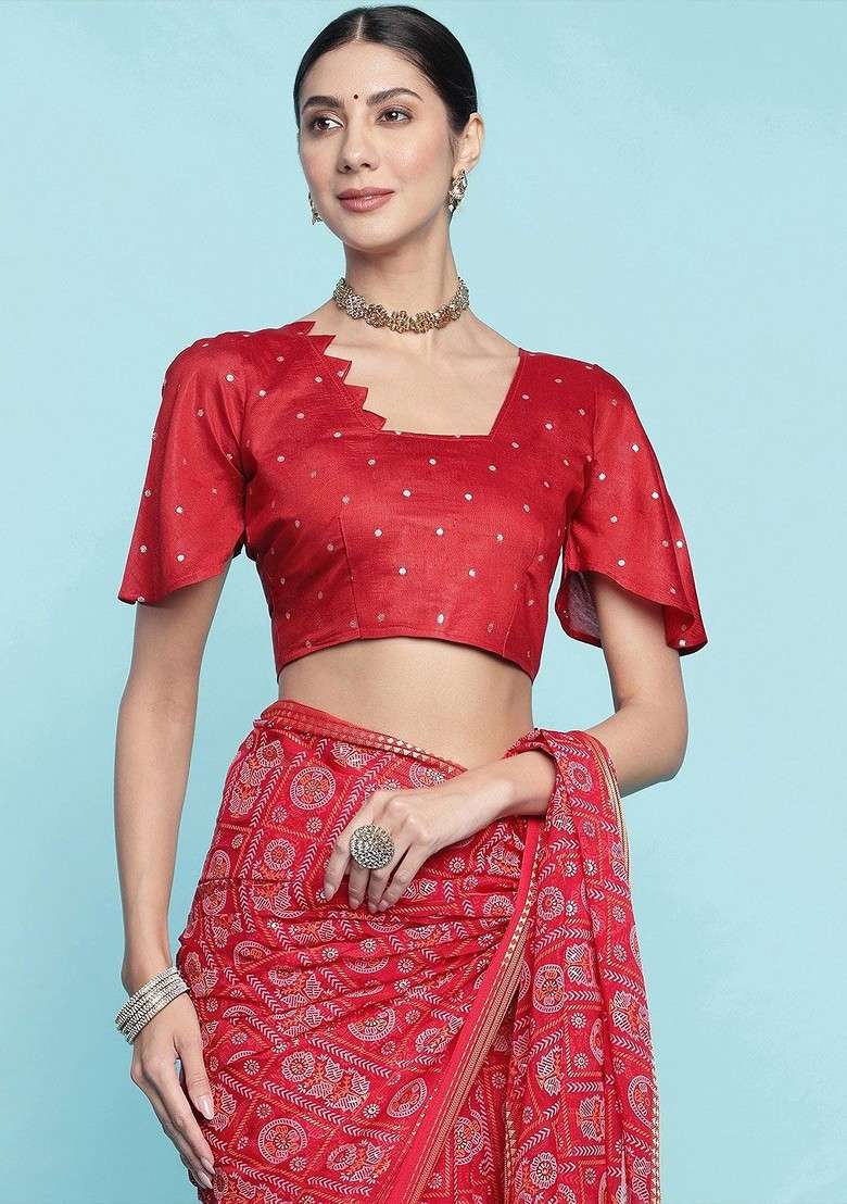 Red Blended Saree Set with Printed for Diwali | Wedding & Festive Wear - Indya
