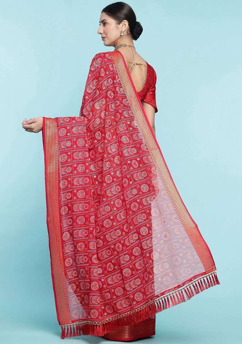 Red Blended Saree Set with Printed for Diwali | Wedding & Festive Wear - Indya