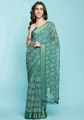 Teal Printed Blended Saree Set