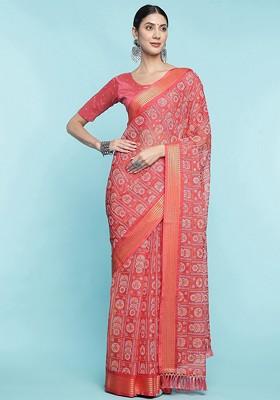 Peach Printed Blended Saree Set