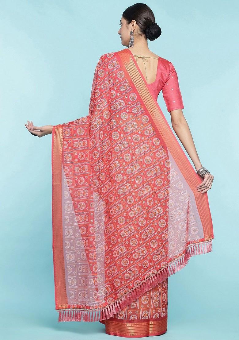 Peach Printed Blended Saree Set - Indya