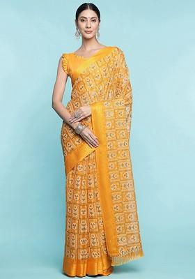 Yellow Printed Blended Saree Set