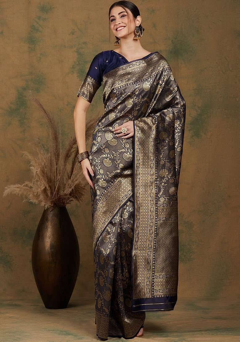 Navy Blue Embroidered Blended Saree Set - Indya