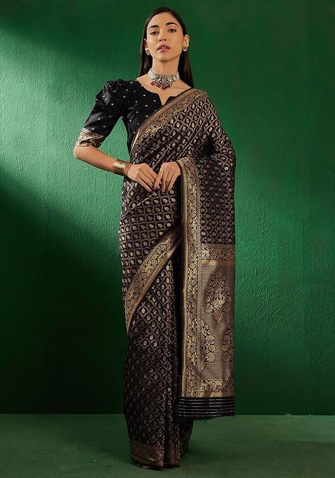 Black Embroidered Blended Saree Set