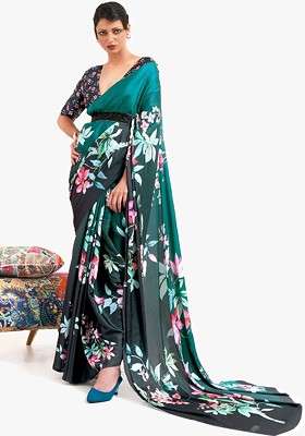 Teal Embroidered Blended Saree Set