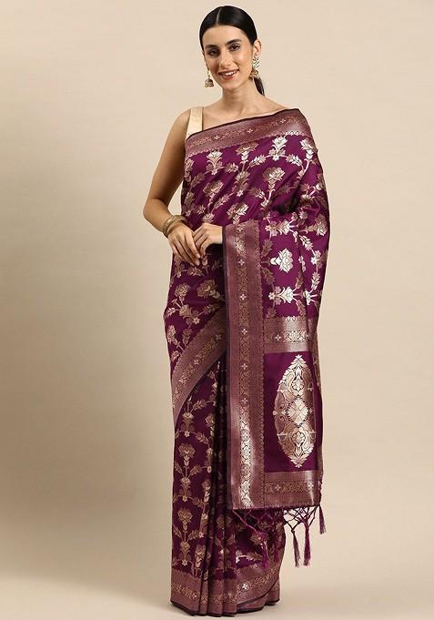 Burgundy Embroidered Blended Saree Set — view on Indya