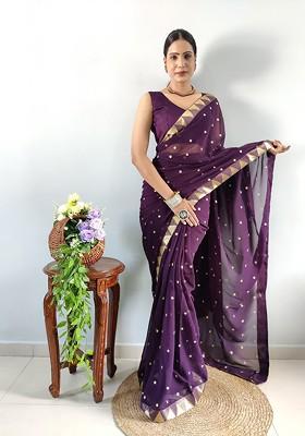 Purple Embellished Blended Saree Set