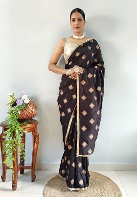 Black Printed Blended Saree Set