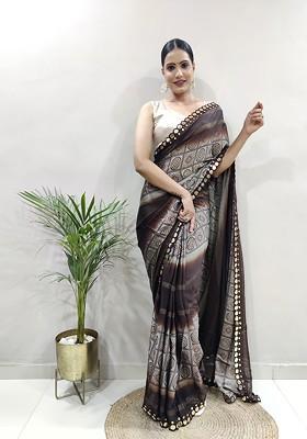 Brown Embroidered Blended Saree Set