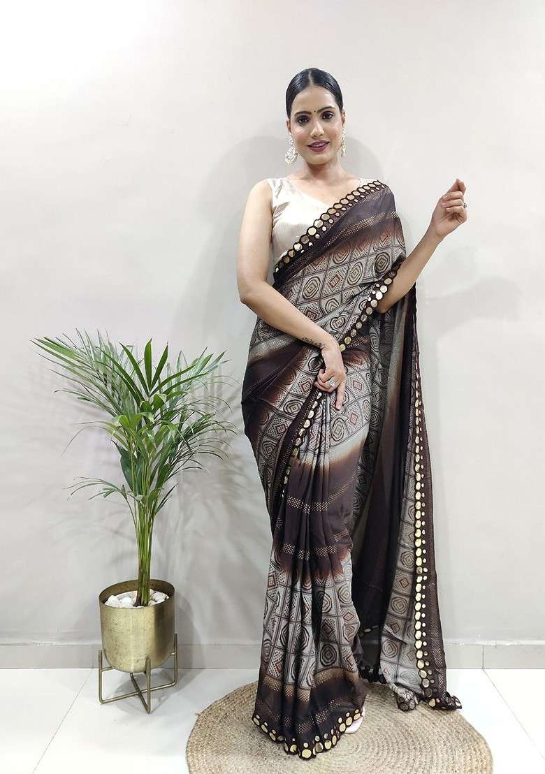 Brown Embroidered Blended Saree Set - Indya