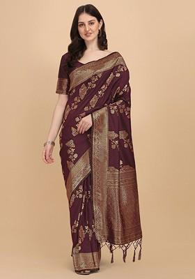 Maroon Embroidered Blended Saree Set
