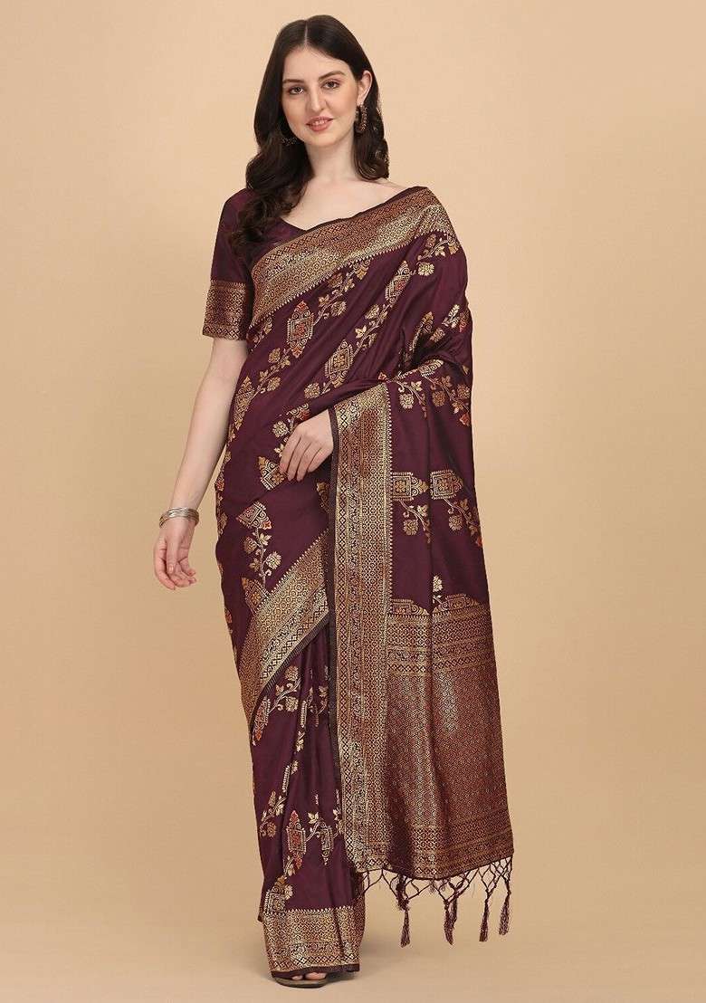 Maroon Embroidered Blended Saree Set - Indya