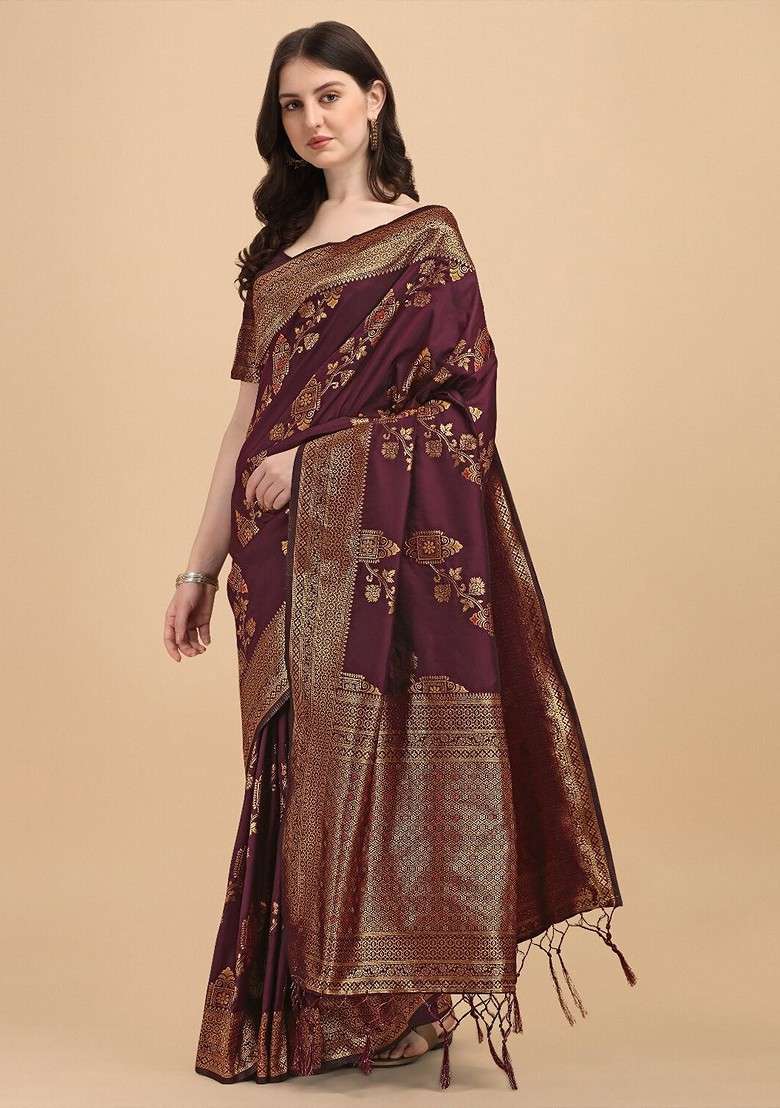 Maroon Embroidered Blended Saree Set - Indya