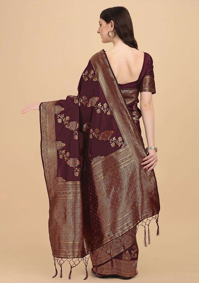 Maroon Embroidered Blended Saree Set - Indya