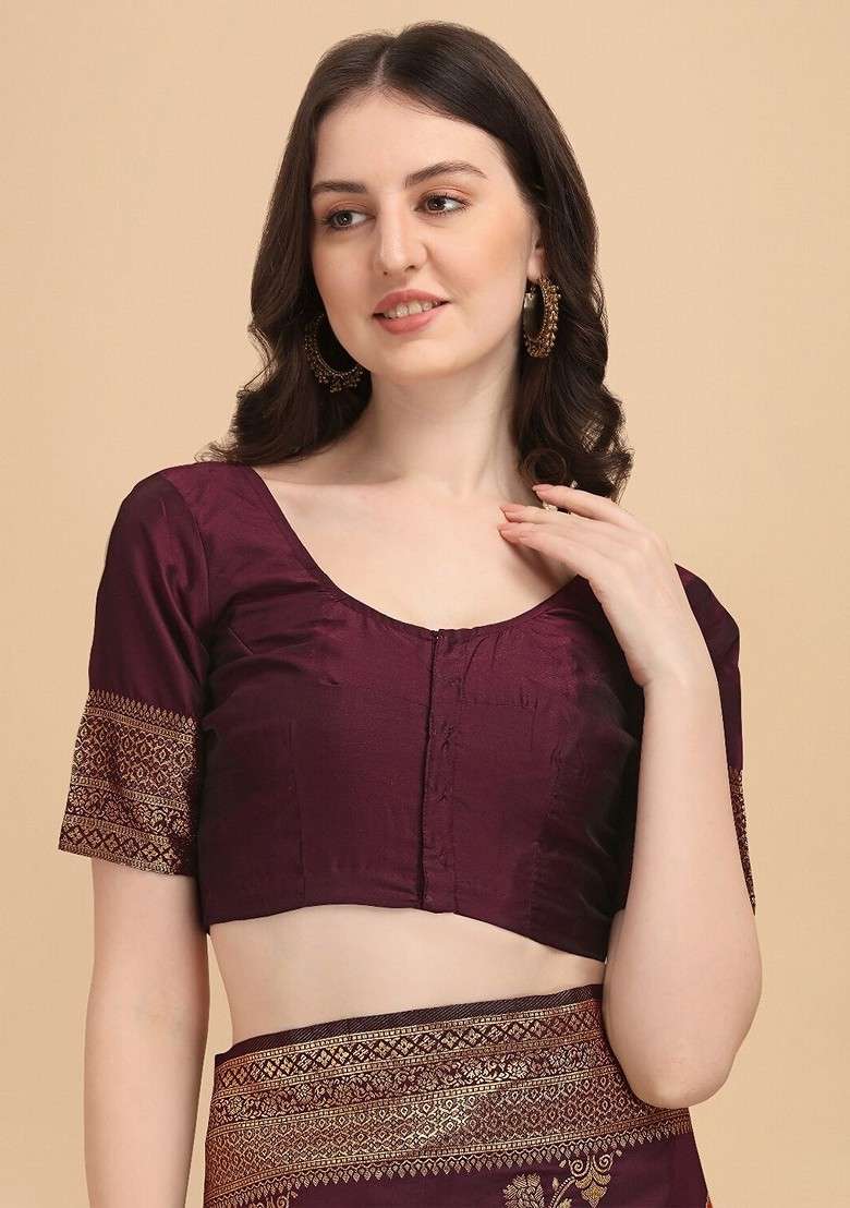 Maroon Embroidered Blended Saree Set - Indya