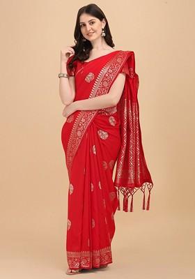 Red Embroidered Blended Saree Set