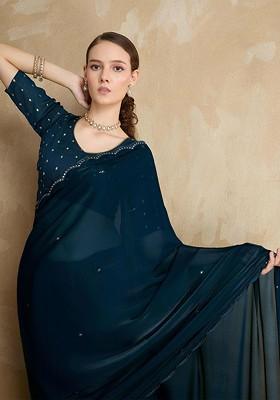 Blue Embellished Blended Saree Set