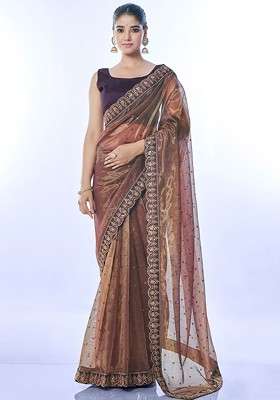 Copper Embellished Blended Saree Set for Diwali and Festive Wear