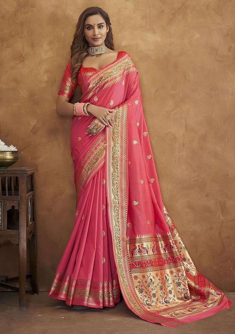 Pink Embroidered Blended Saree Set - Indya