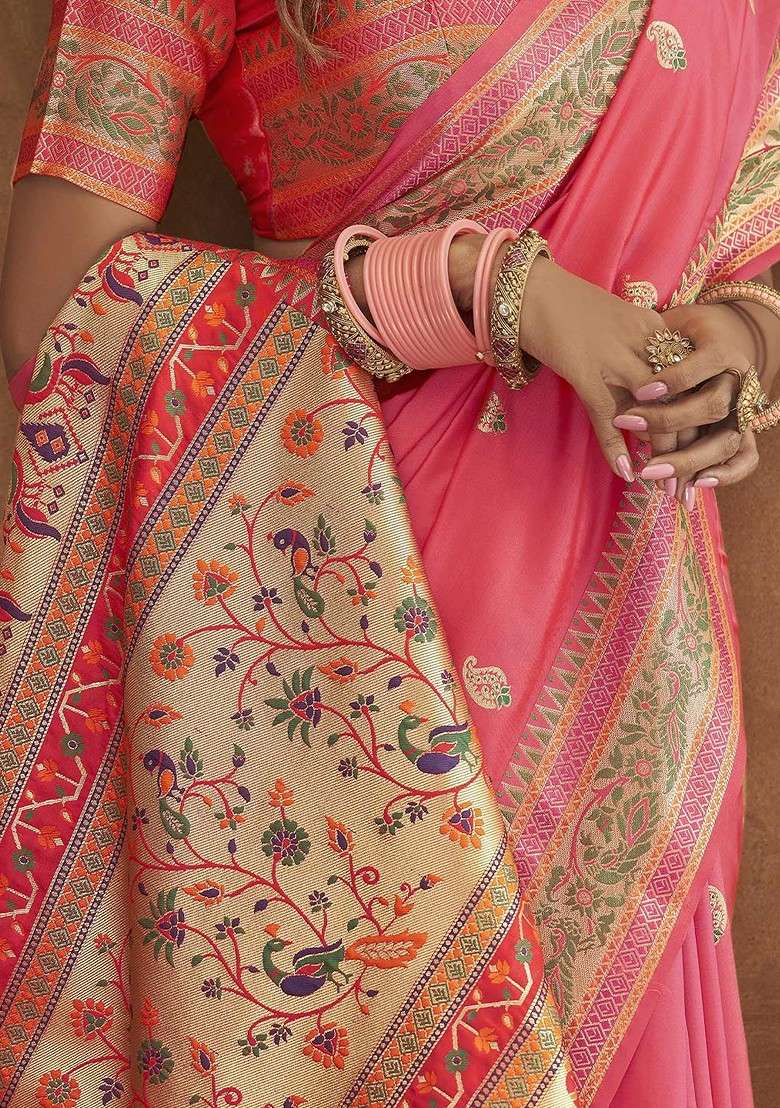 Pink Embroidered Blended Saree Set - Indya