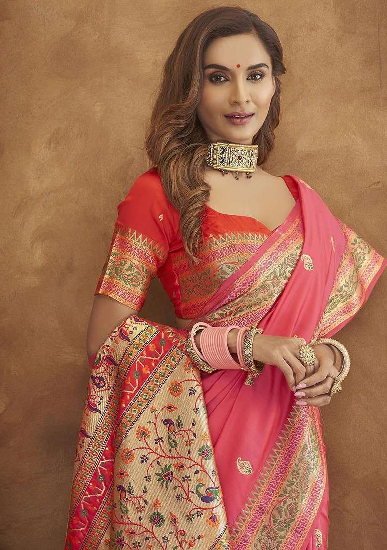 Pink Embroidered Blended Saree Set - Indya