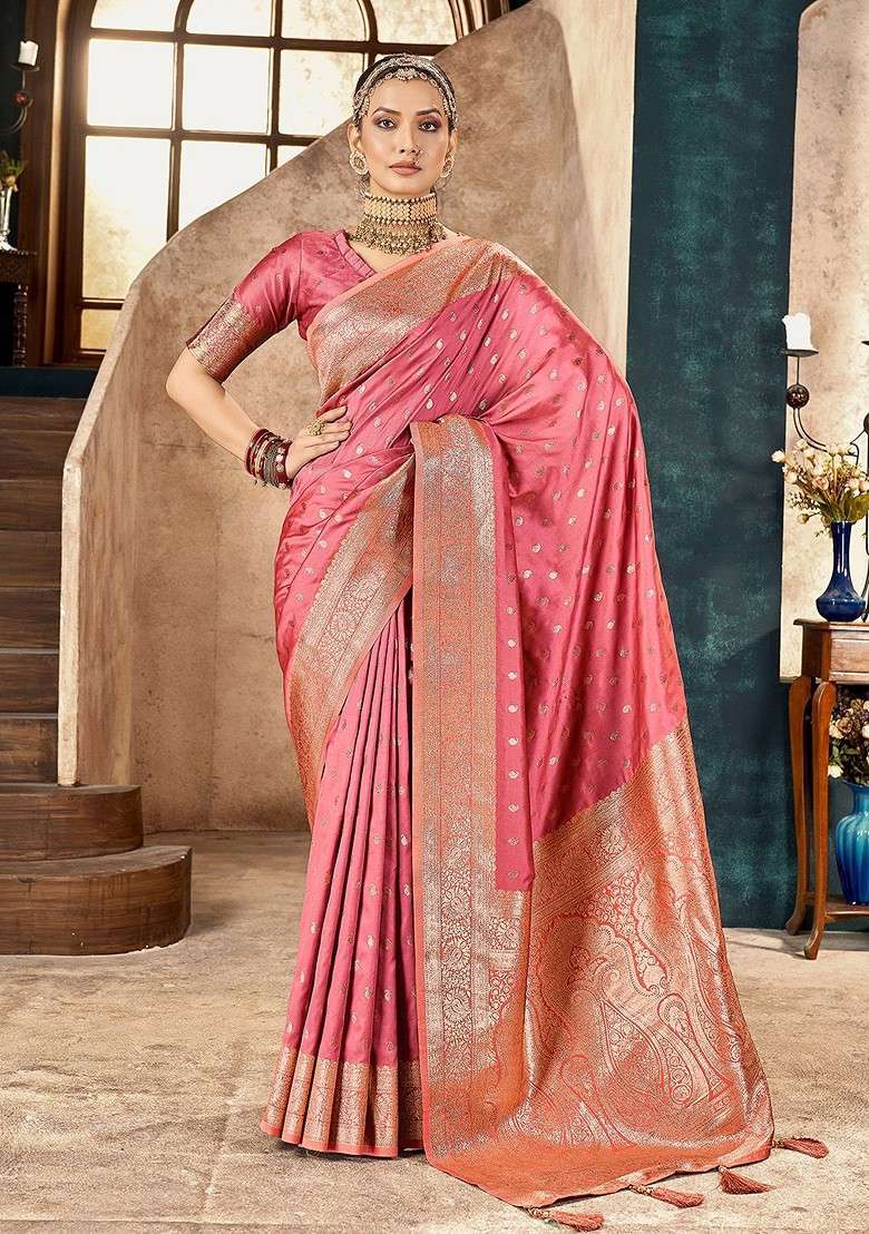 Peach Blended Saree Set with Embroidered for Diwali | Wedding & Festive Wear - Indya