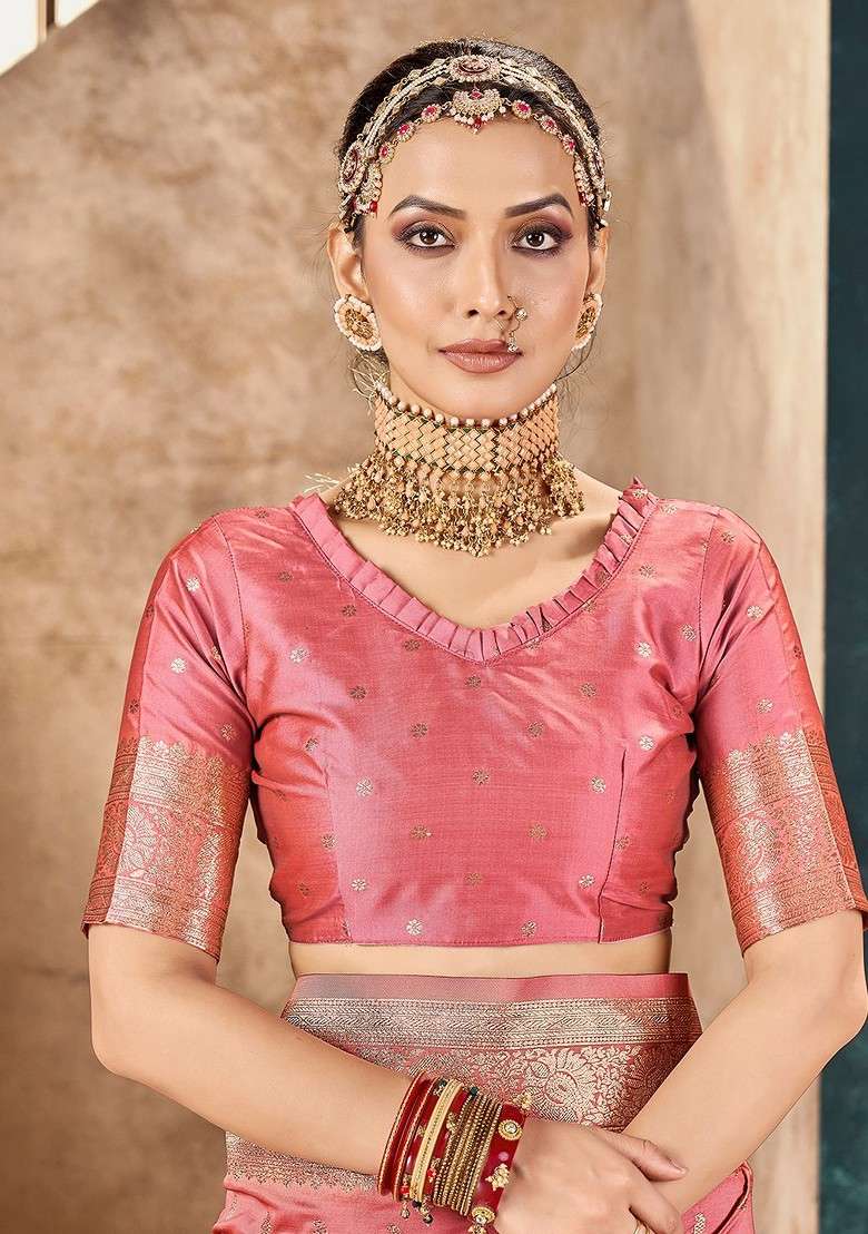 Peach Blended Saree Set with Embroidered for Diwali | Wedding & Festive Wear - Indya
