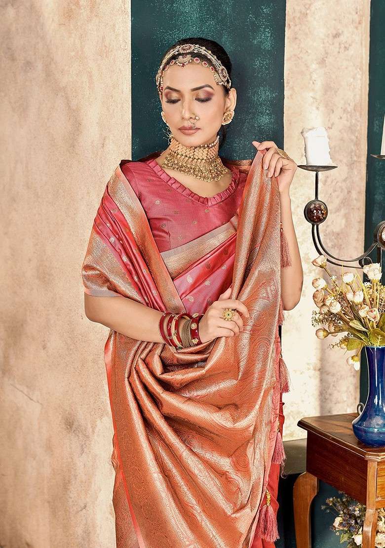 Peach Blended Saree Set with Embroidered for Diwali | Wedding & Festive Wear - Indya