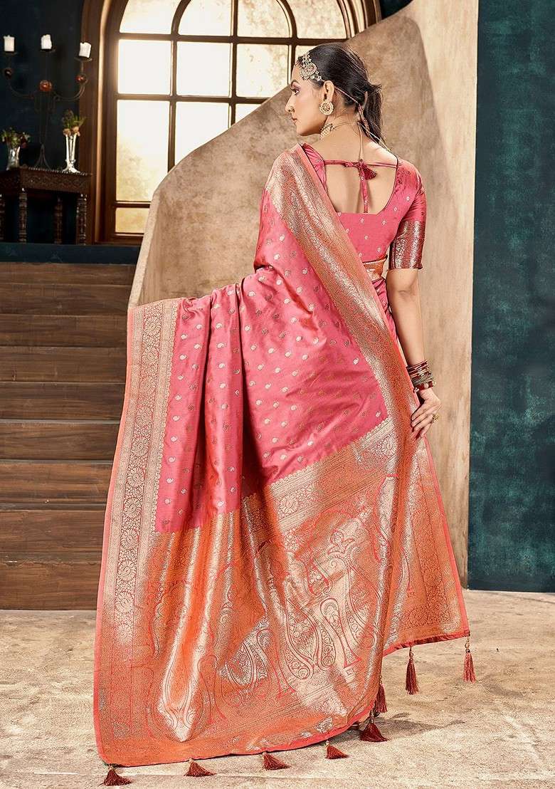 Peach Blended Saree Set with Embroidered for Diwali | Wedding & Festive Wear - Indya