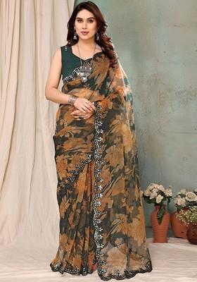 Brown Embroidered Blended Saree Set