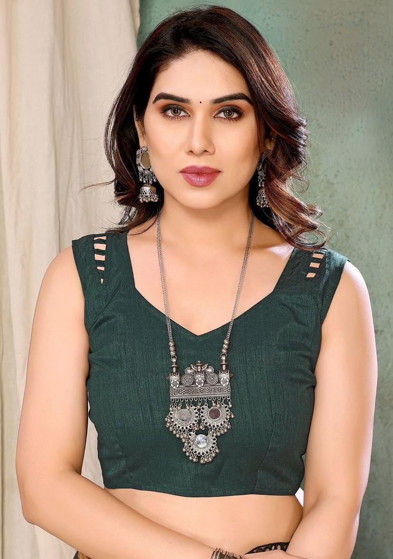 Brown Embroidered Blended Saree Set - Indya