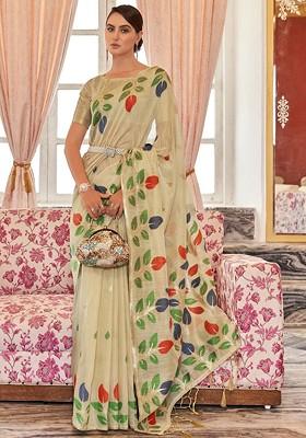 Cream Embroidered Blended Saree Set