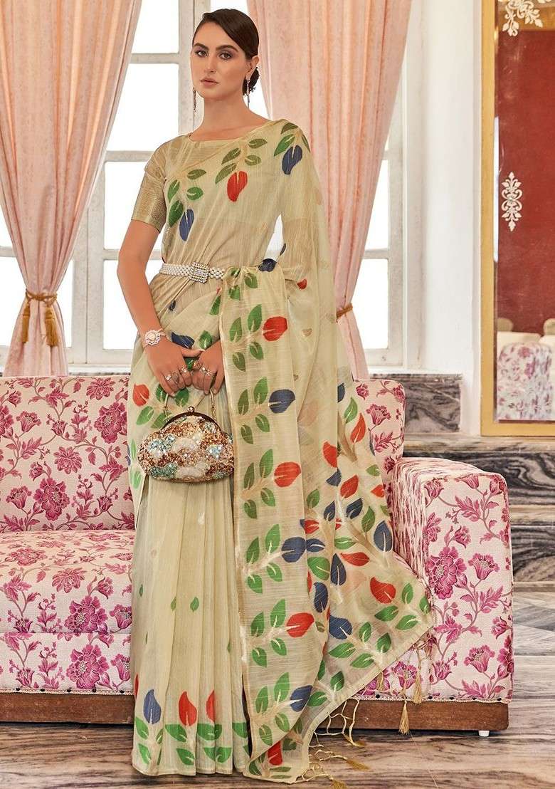 Cream Embroidered Blended Saree Set - Indya