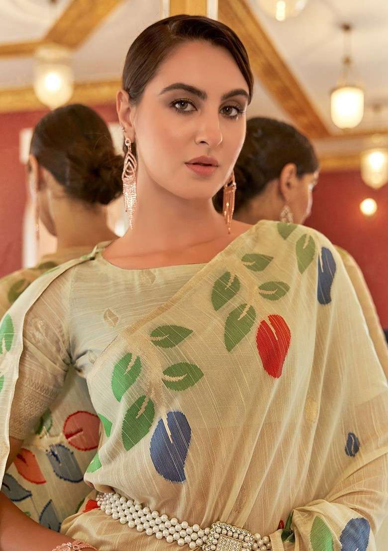 Cream Embroidered Blended Saree Set - Indya
