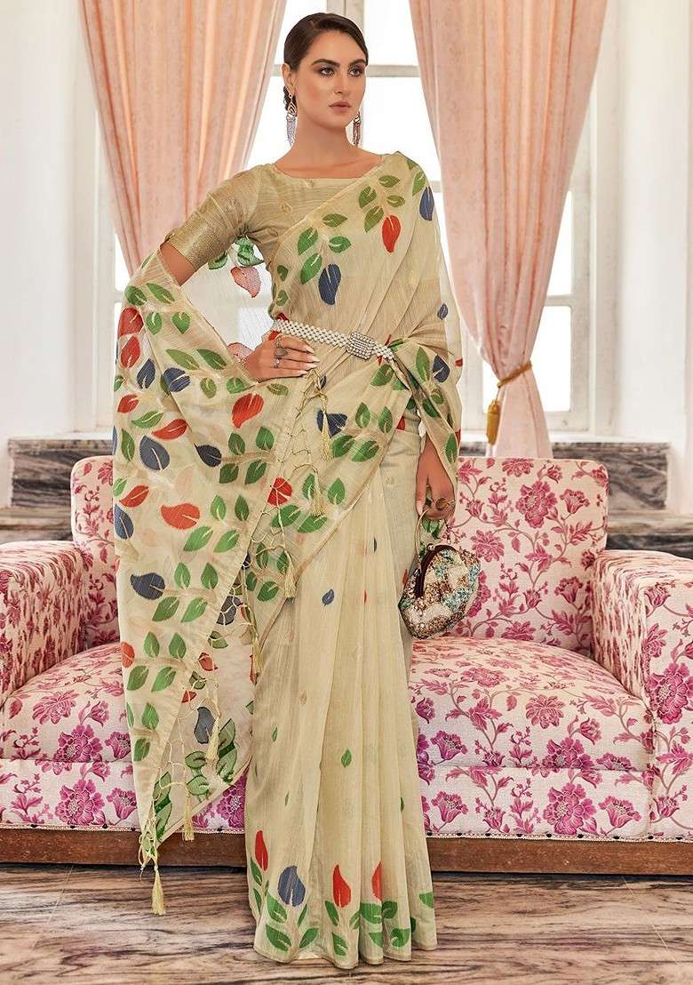 Cream Embroidered Blended Saree Set - Indya