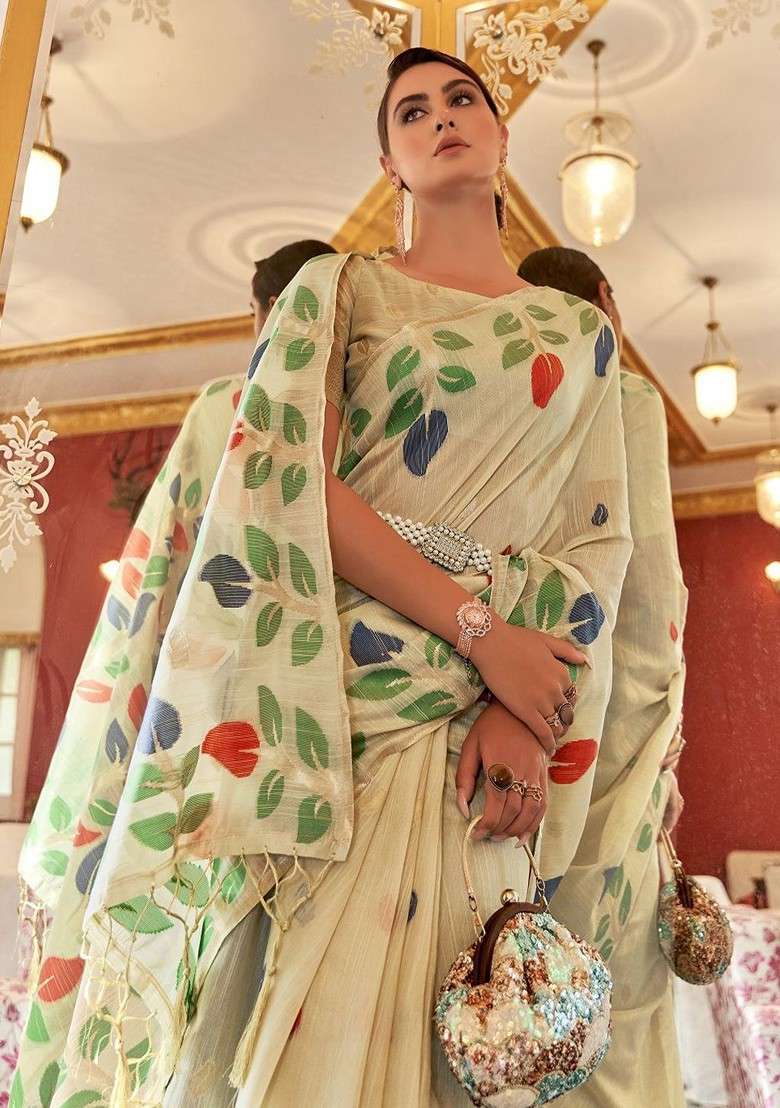 Cream Embroidered Blended Saree Set - Indya