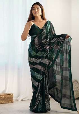 Teal Embroidered Blended Saree Set