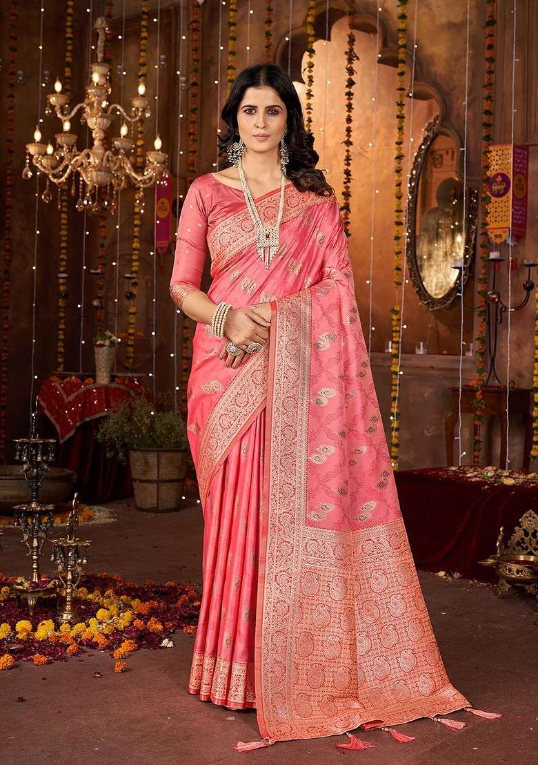 Peach Embroidered Blended Saree Set for Diwali and Festive Wear - Indya