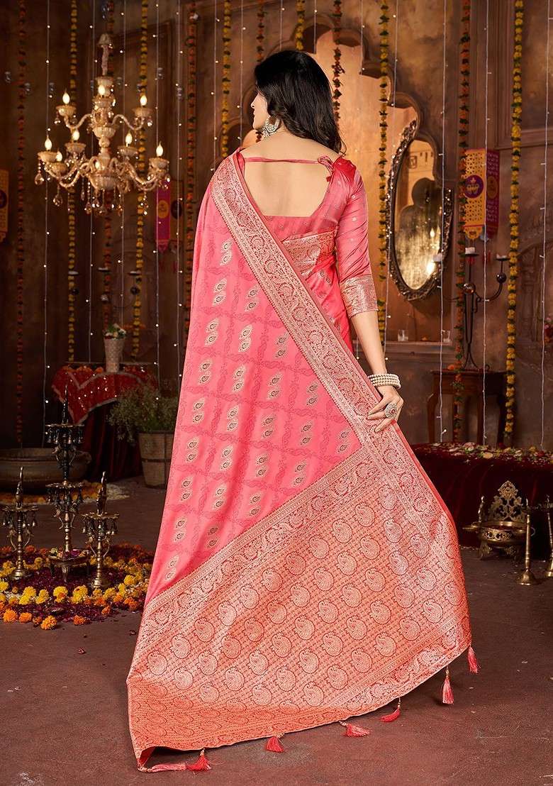 Peach Embroidered Blended Saree Set for Diwali and Festive Wear - Indya