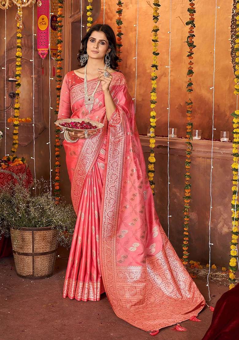 Peach Embroidered Blended Saree Set for Diwali and Festive Wear - Indya