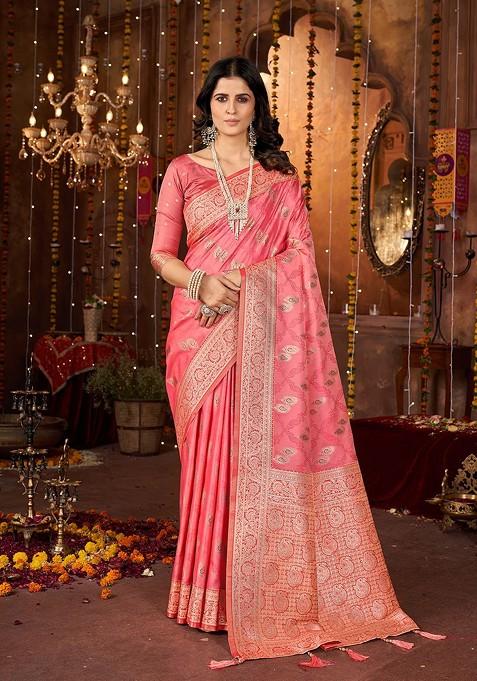 Peach Embroidered Blended Saree Set — view on Indya