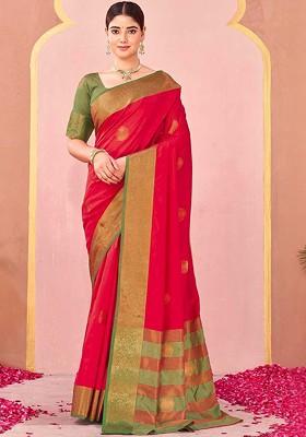 Red Embroidered Blended Saree Set