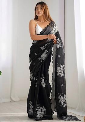 Black Embellished Blended Saree Set