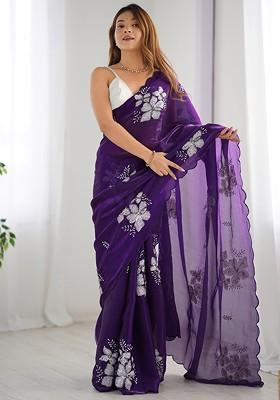 Purple Embellished Blended Saree Set