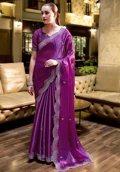 Purple Embroidered Blended Saree Set