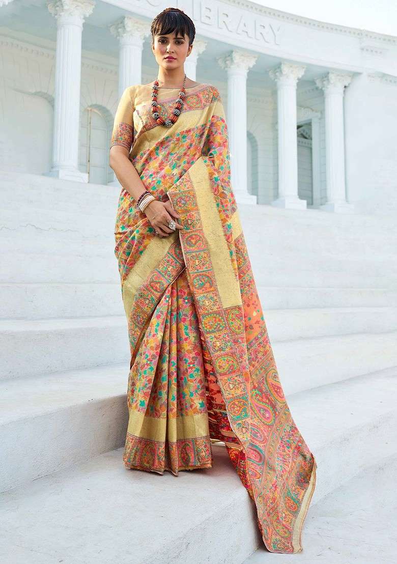 Peach Blended Saree Set with Printed for Diwali | Wedding & Festive Wear - Indya
